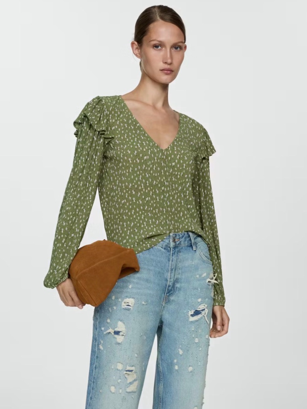 Mango Olive Green Mini Floral Ruffle-Shoulder Blouse